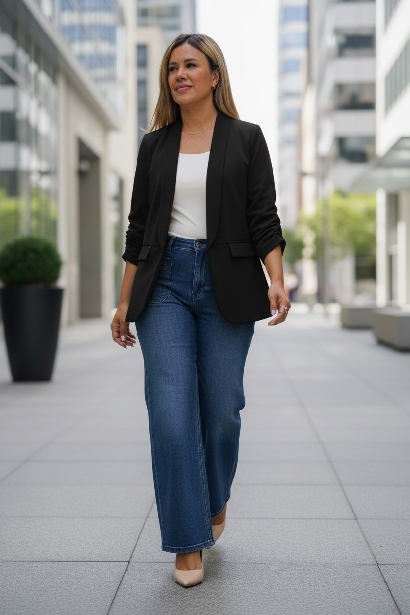 Blazer Negro Casual Abierto con las Mangas Plisadas